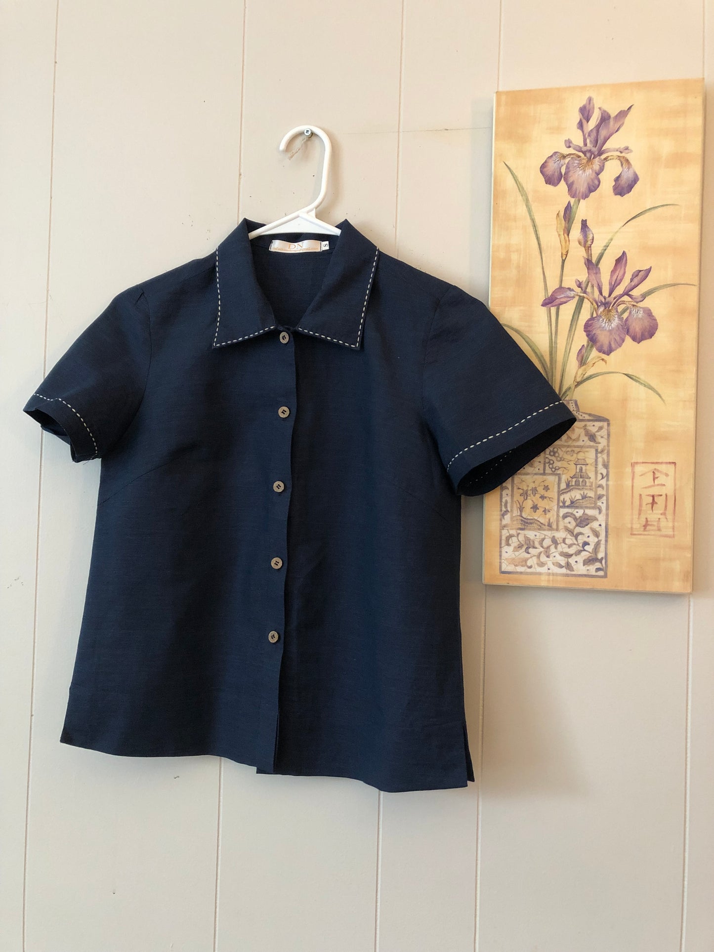 Linen Hand Thread Short Sleeves Blue Shirt/Blouse