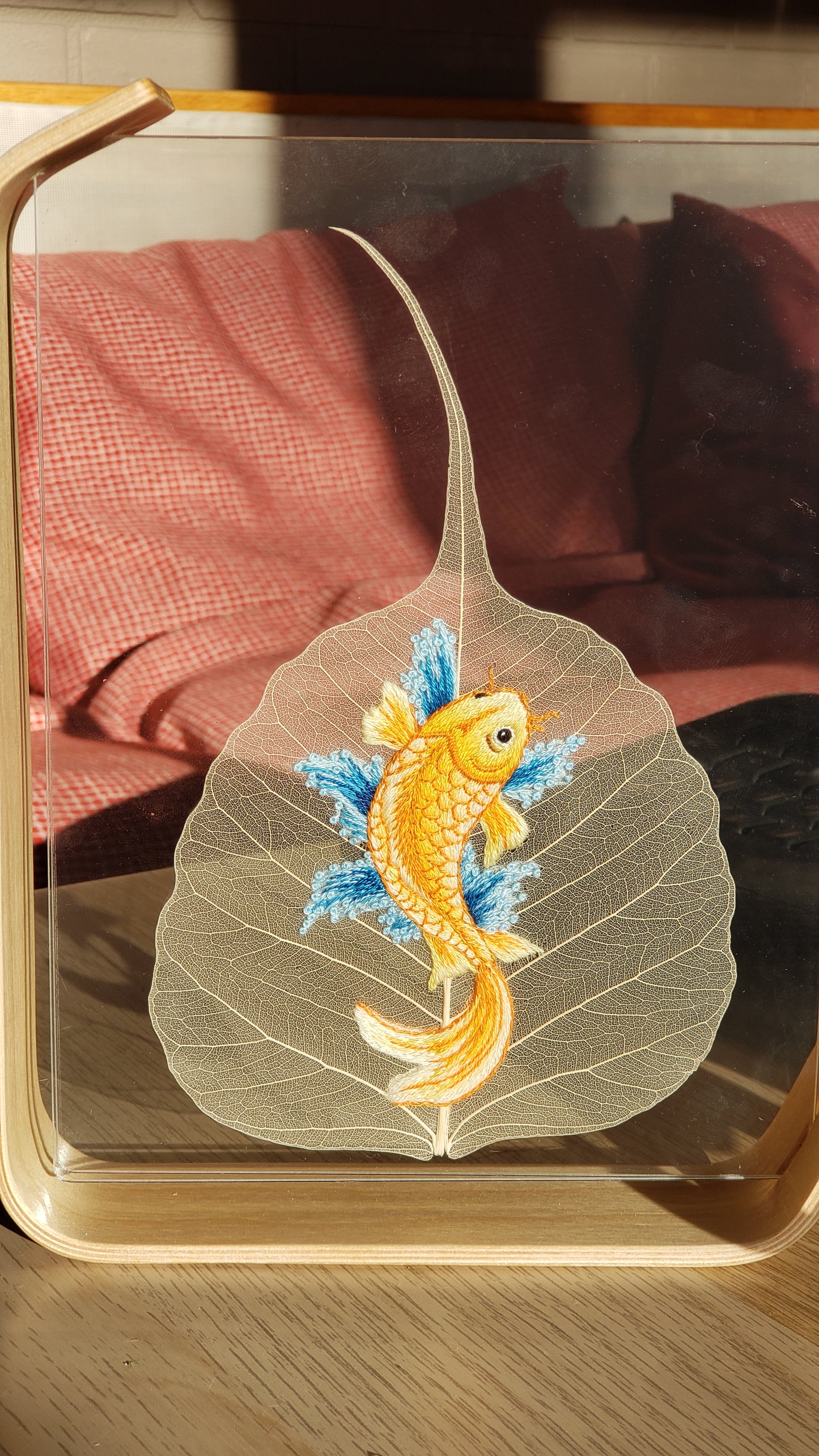 Embroidered Bodhi leave -  Yellow Carp 11.5x19 cm