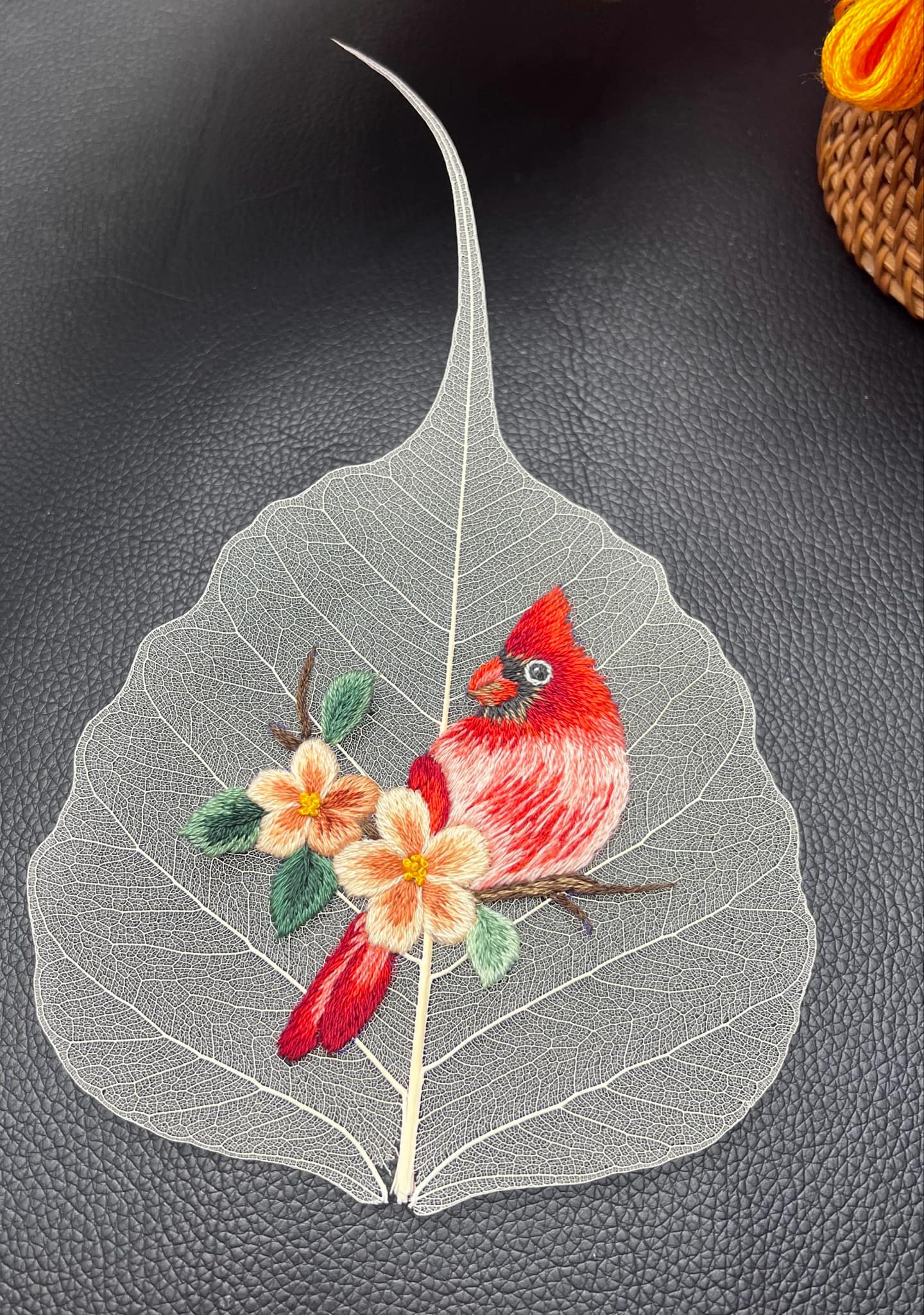 Embroidered Bodhi leave - Red bird picture