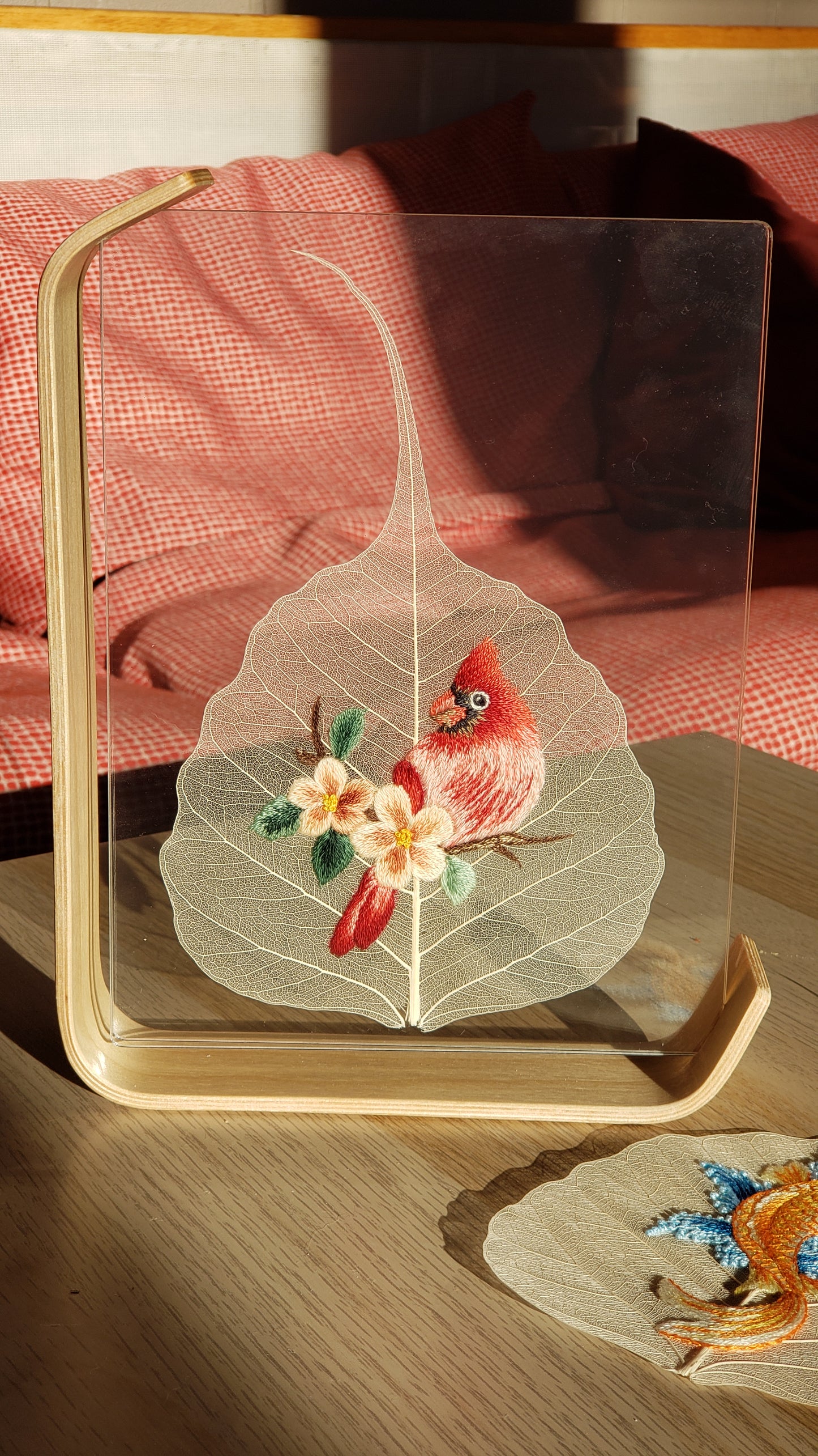 Embroidered Bodhi leave - Red bird picture