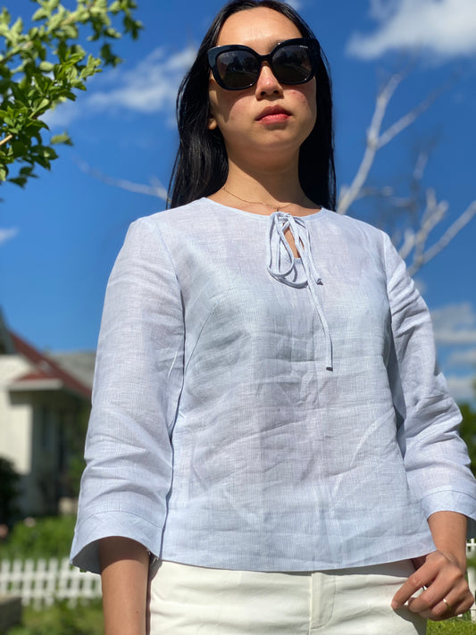 Long Sleeve Striped Light Blue Linen Shirt/Blouse