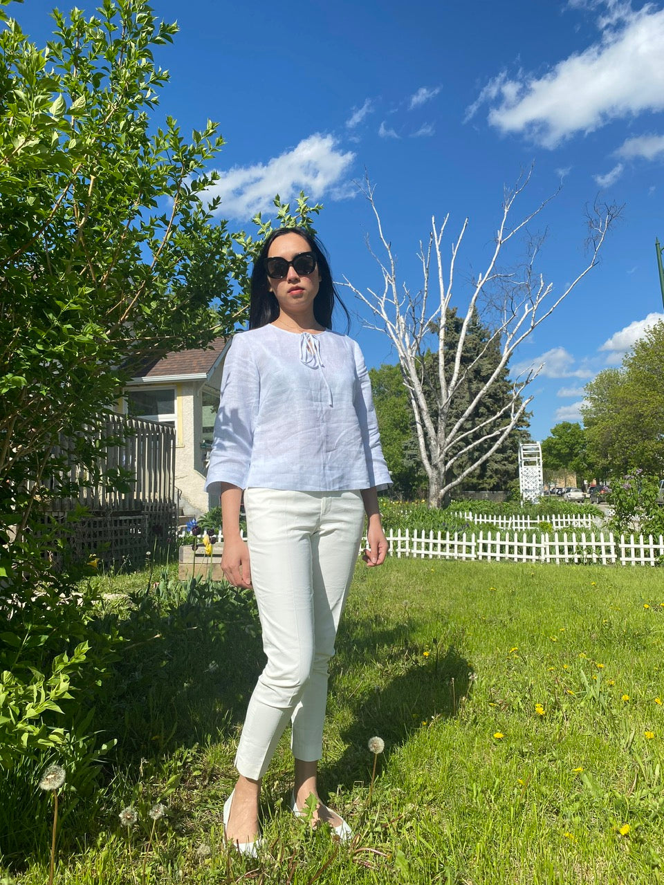 Long Sleeve Striped Light Blue Linen Shirt/Blouse